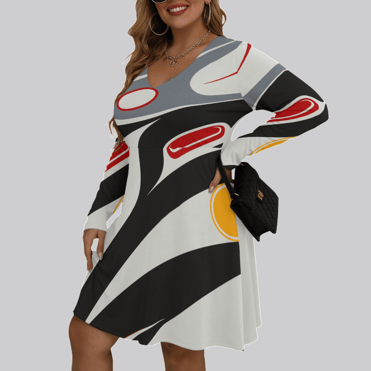 Pacific Northwest Native American Style Women's V-neck Long Sleeve Dress Ladies Apparel Pacific Northwest Native American Style Women's V-neck Long Sleeve Dress Ladies Apparel
