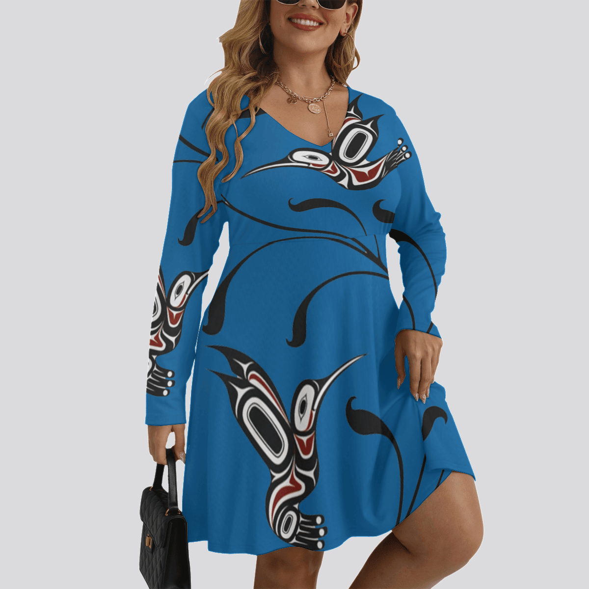 Pacific Northwest Style Hummingbird Women's V-neck Long Sleeve Dress Native American Apparel Pacific Northwest Style Hummingbird Women's V-neck Long Sleeve Dress Native American Apparel