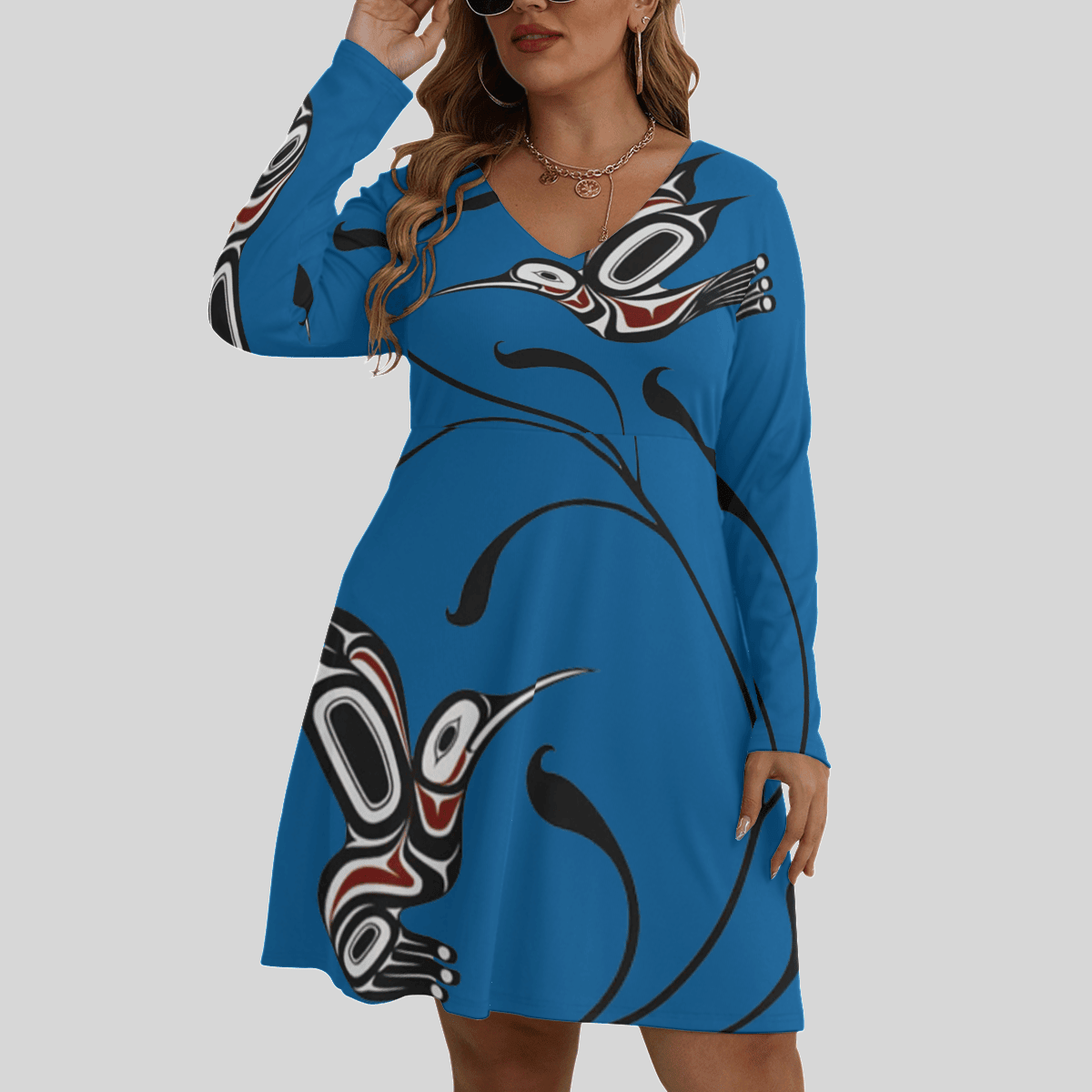 Pacific Northwest Style Hummingbird Women's V-neck Long Sleeve Dress Native American Apparel