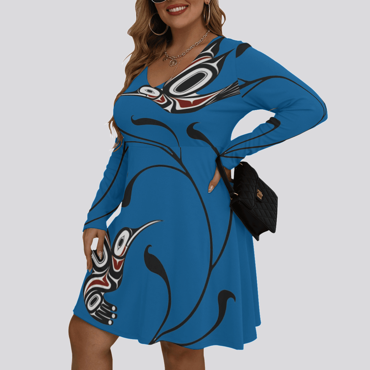 Pacific Northwest Style Hummingbird Women's V-neck Long Sleeve Dress Native American Apparel Pacific Northwest Style Hummingbird Women's V-neck Long Sleeve Dress Native American Apparel