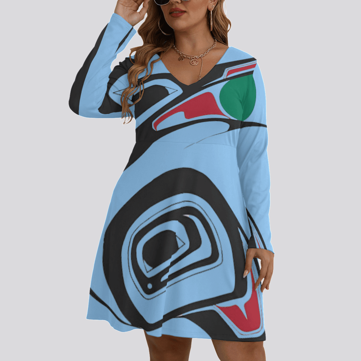 Pacific Northwest Style Raven Women's V-neck Long Sleeve Dress Native American Clothing Pacific Northwest Style Raven Women's V-neck Long Sleeve Dress Native American Clothing