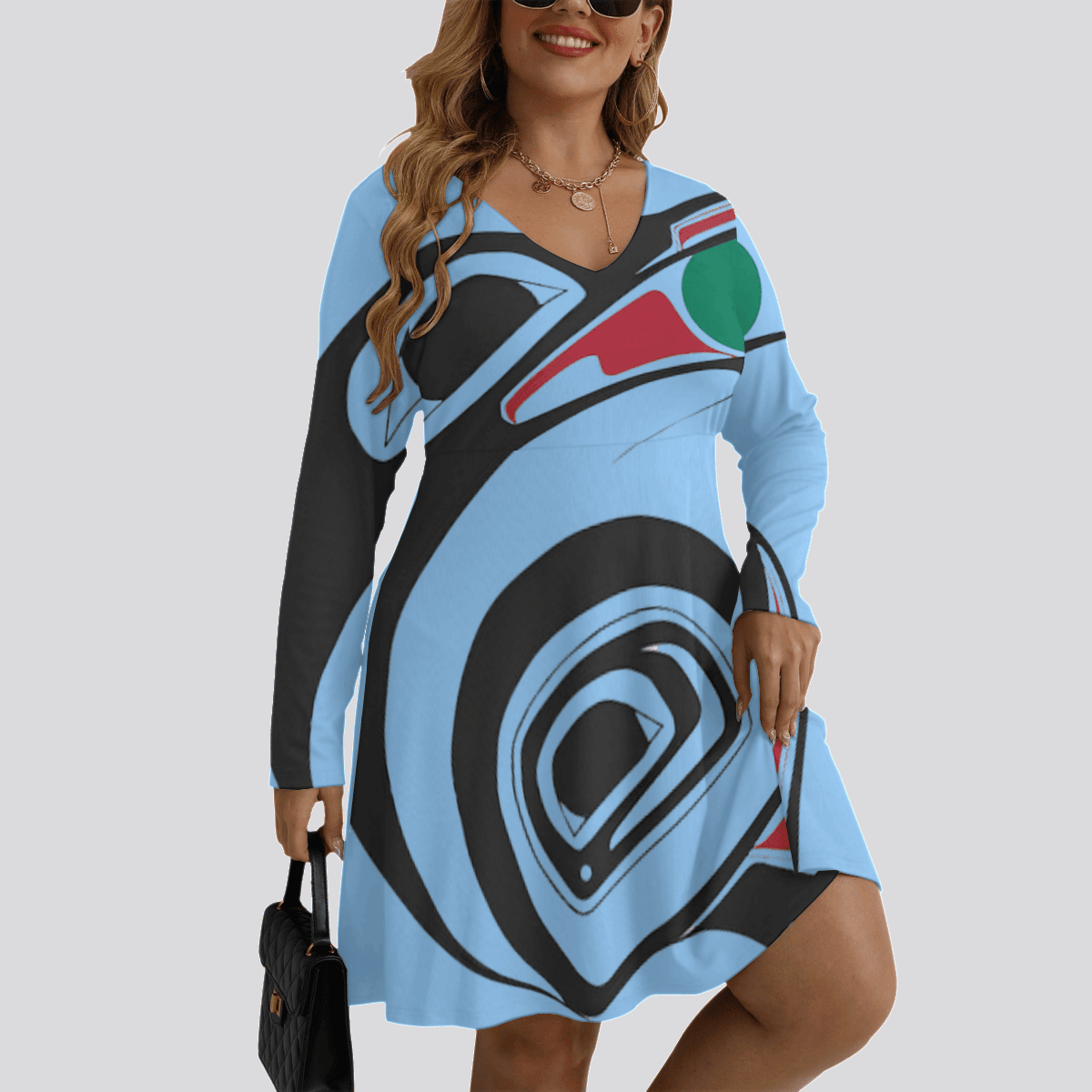 Pacific Northwest Style Raven Women's V-neck Long Sleeve Dress Native American Clothing Pacific Northwest Style Raven Women's V-neck Long Sleeve Dress Native American Clothing