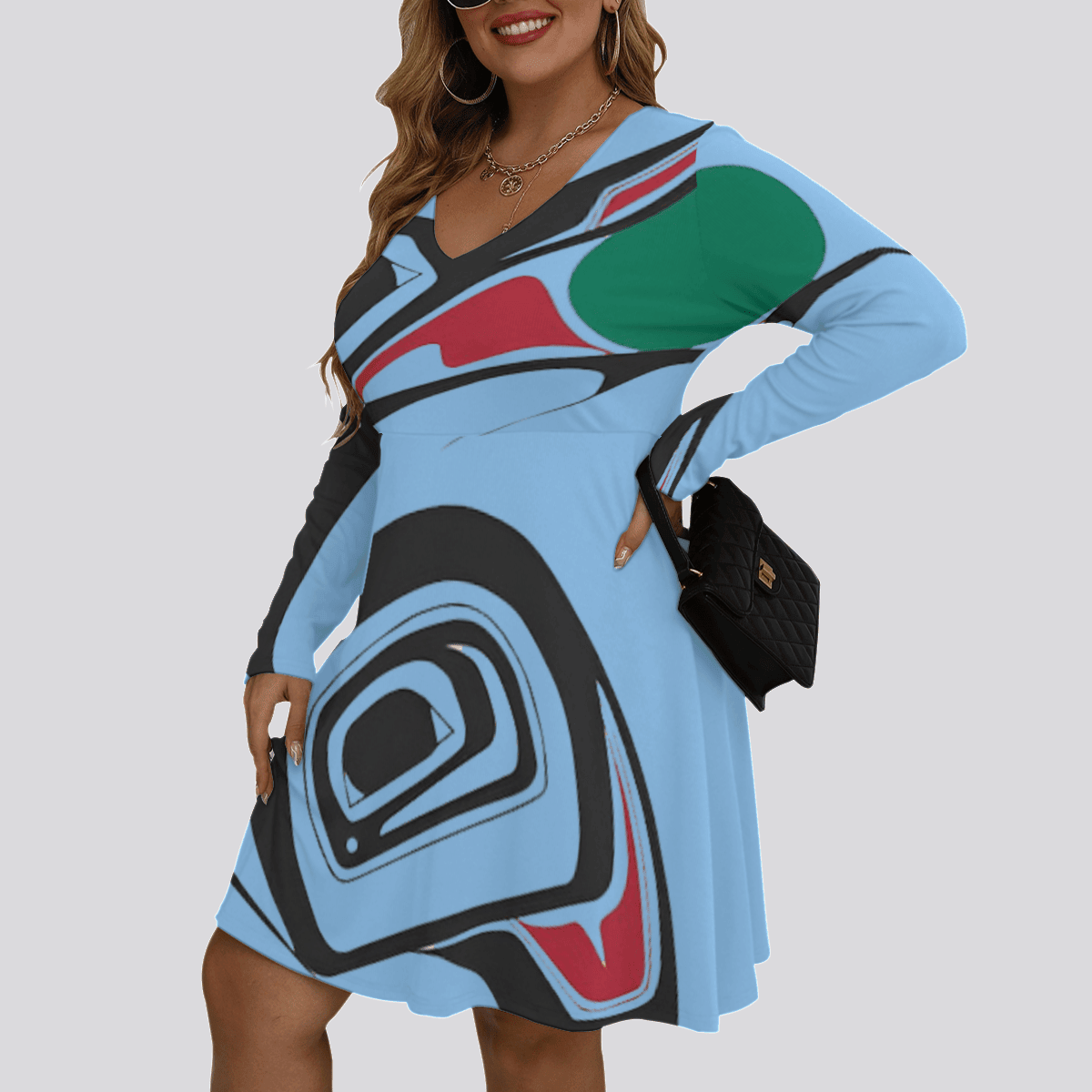 Pacific Northwest Style Raven Women's V-neck Long Sleeve Dress Native American Clothing Pacific Northwest Style Raven Women's V-neck Long Sleeve Dress Native American Clothing