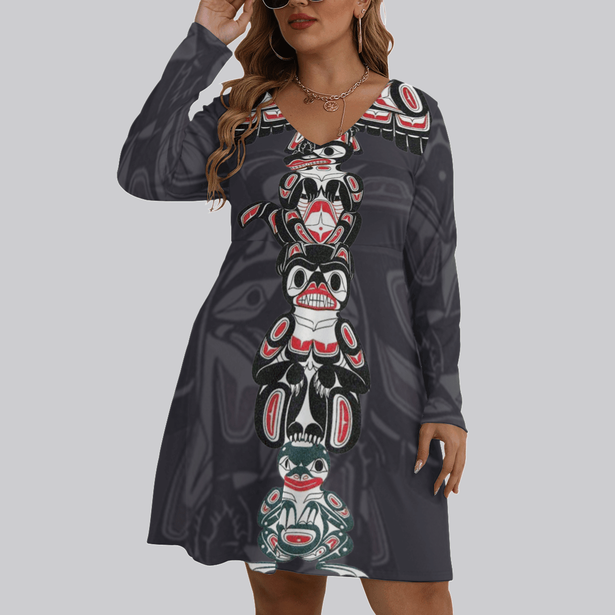 Pacific Northwest Women's V-neck Long Sleeve Dress Native American Style Dresses For Ladies Pacific Northwest Women's V-neck Long Sleeve Dress Native American Style Dresses For Ladies