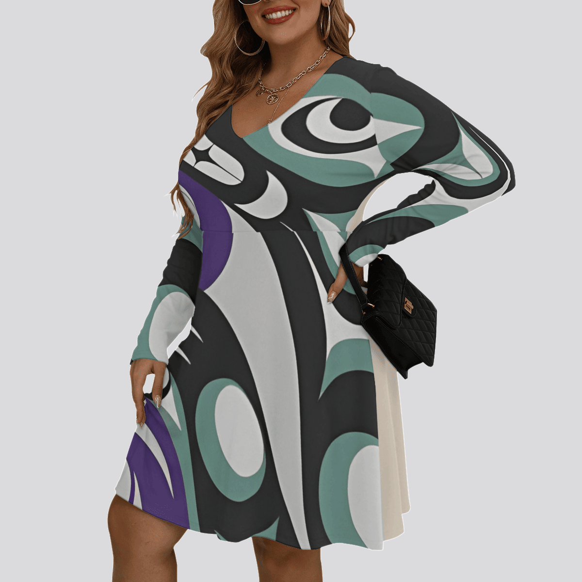 Pacific Northwest Women's V-neck Long Sleeve Dress Native American Stylish Dress For Women Pacific Northwest Women's V-neck Long Sleeve Dress Native American Stylish Dress For Women