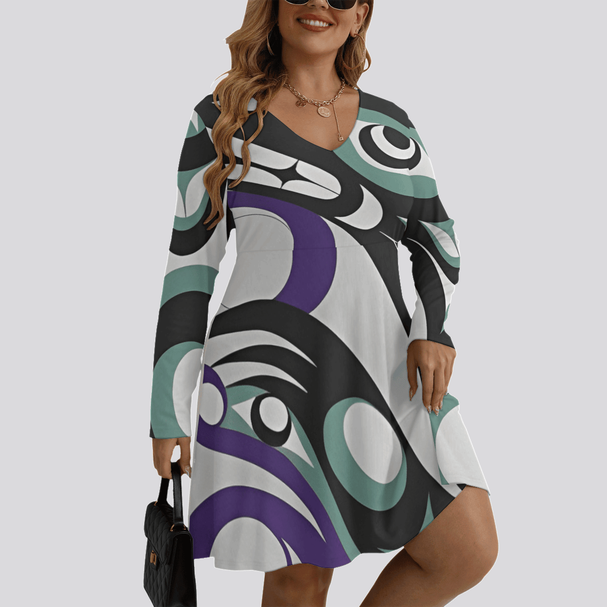Pacific Northwest Women's V-neck Long Sleeve Dress Native American Stylish Dress For Women Pacific Northwest Women's V-neck Long Sleeve Dress Native American Stylish Dress For Women