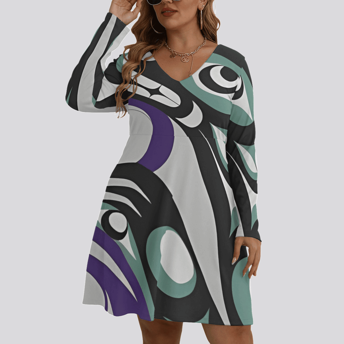 Pacific Northwest Women's V-neck Long Sleeve Dress Native American Stylish Dress For Women Pacific Northwest Women's V-neck Long Sleeve Dress Native American Stylish Dress For Women