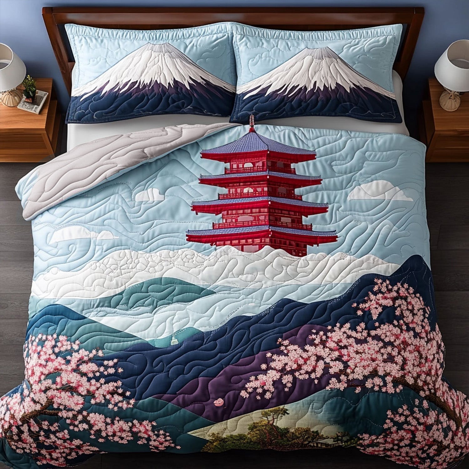 Pagoda Dreams Quilted Bedding Set Duvet Cover Bed Sheet Set Fuji Mountain Japanese Gifts Pagoda Dreams Quilted Bedding Set Duvet Cover Bed Sheet Set Fuji Mountain Japanese Gifts