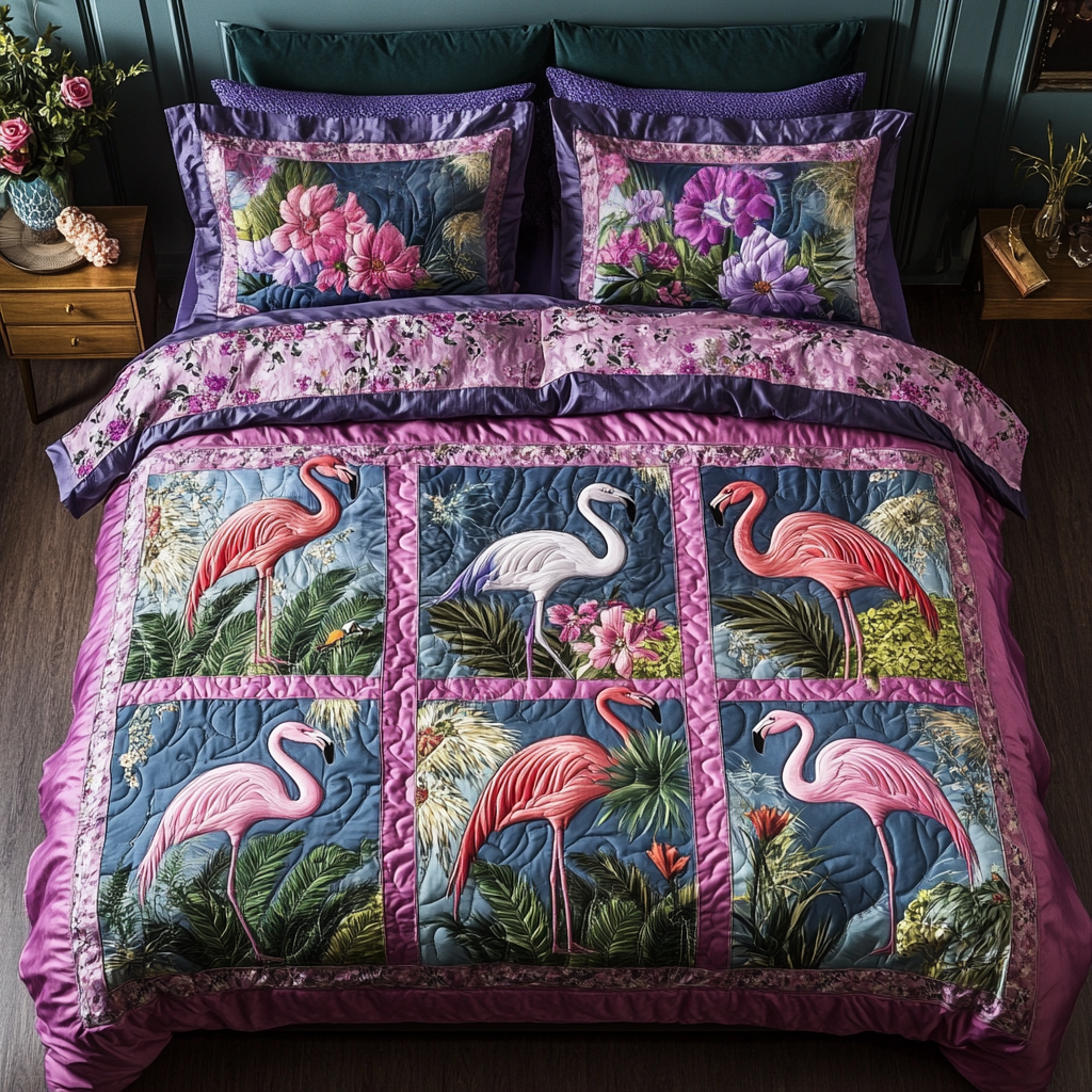 Palm Elegance Quilted Bedding Set Duvet Cover Merch Unique Pink Flamingo Gifts Palm Elegance Quilted Bedding Set Duvet Cover Merch Unique Pink Flamingo Gifts
