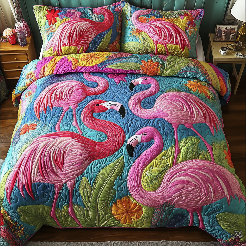 Palm Romance Quilted Bedding Set Duvet Cover Merch Cool Flamingo Gifts