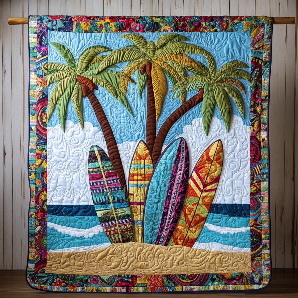 Palm Surfscape Quilted Blanket Cute Colorful Blanket Presents For Sea Lovers Palm Surfscape Quilted Blanket Cute Colorful Blanket Presents For Sea Lovers