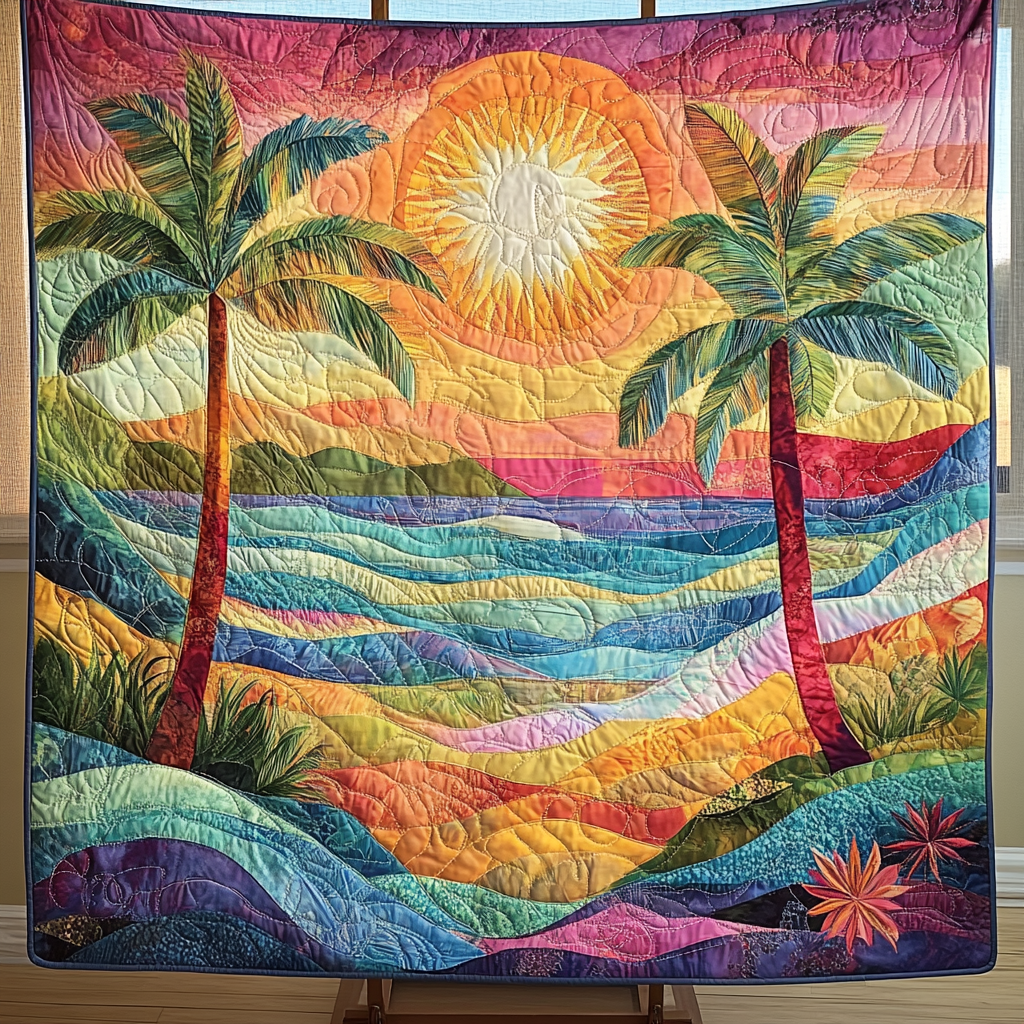 Palms Paradise Quilted Blanket Cute Colorful Blanket Best Gifts For Beach Lovers