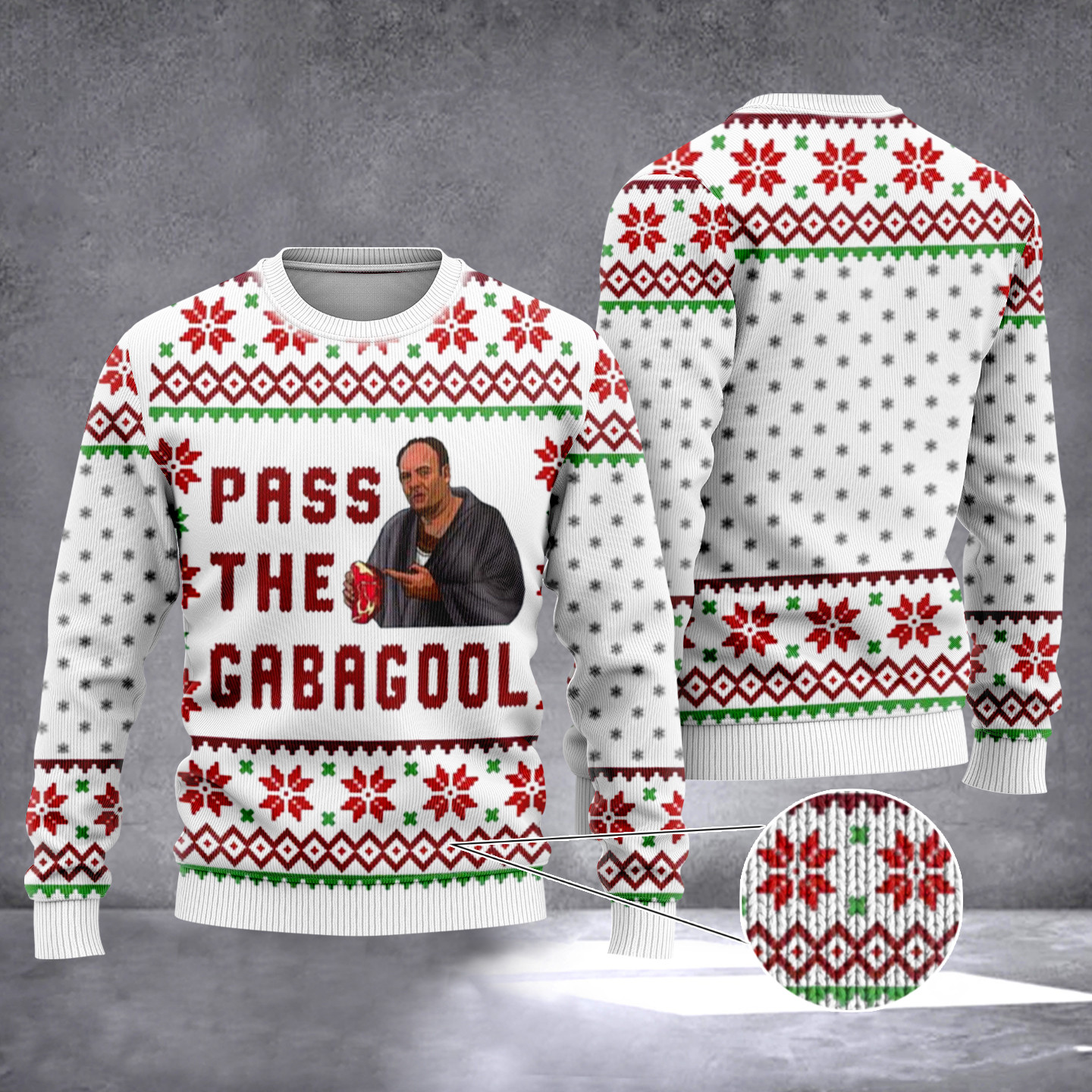 Pass The Gabagool Ugly Christmas Sweater Funny Tony Soprano Meme Dinner Gangster Sweater