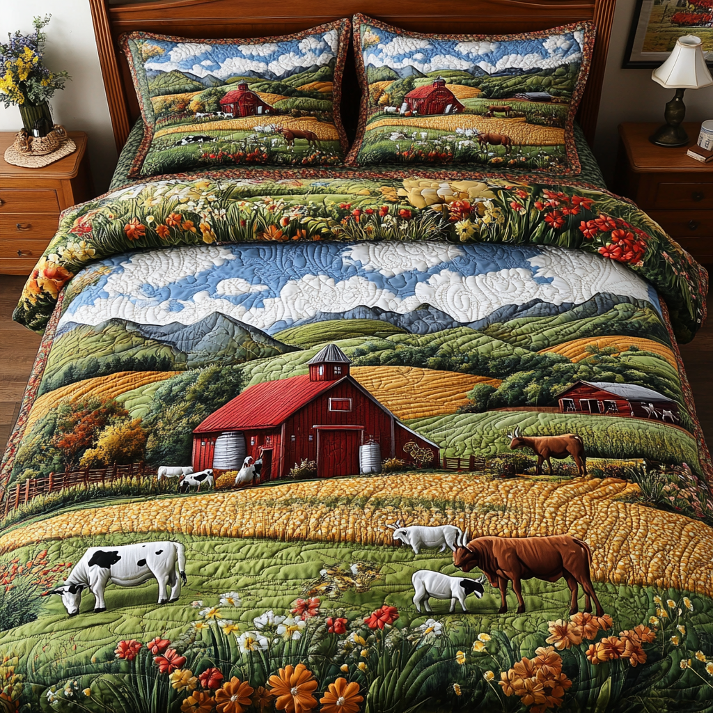 Pastoral Scene Quilted Bedding Set Duvet Cover Bedspread Christmas Gifts For Farmers