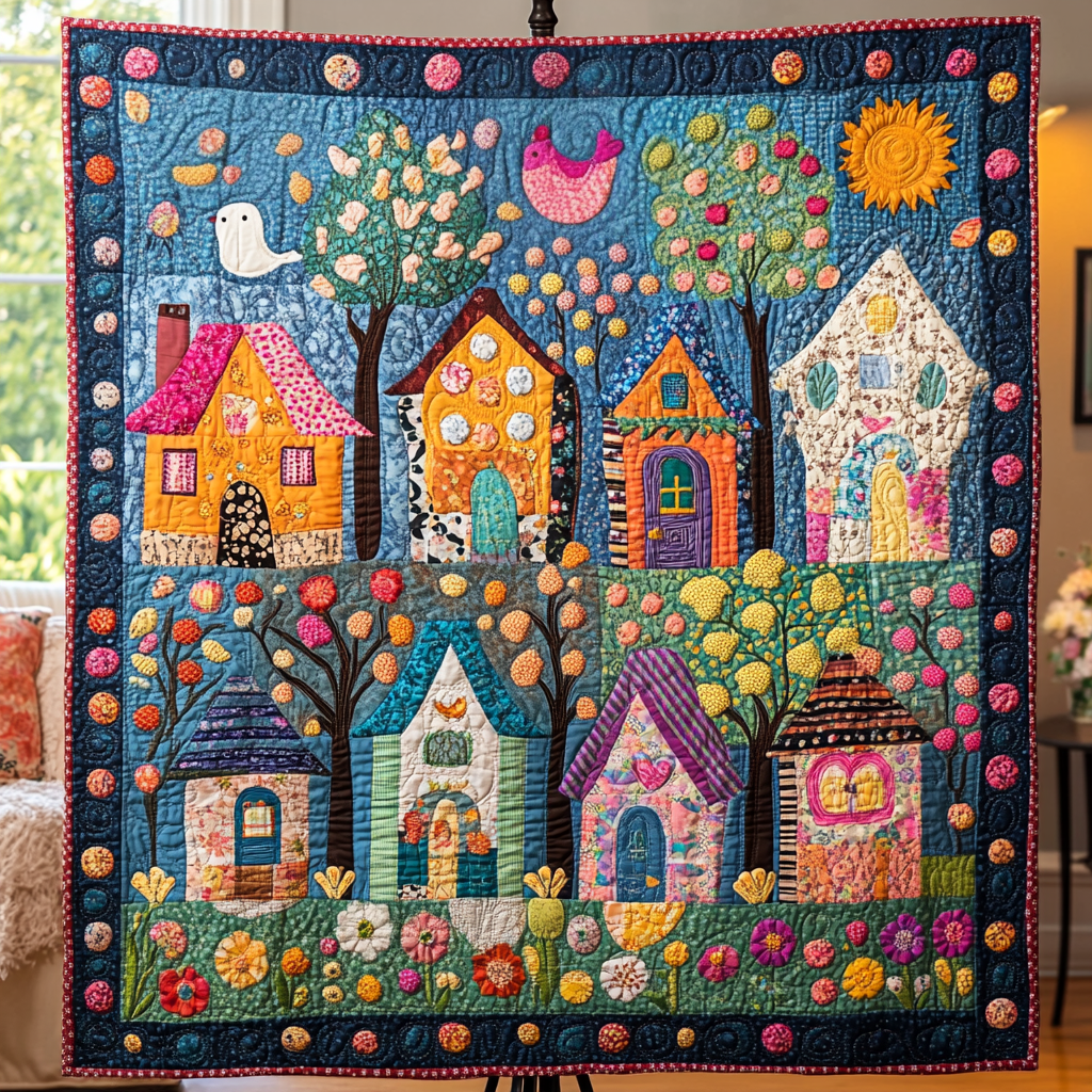 Patchwork Village Quilted Blanket Cute Colorful Blanket Xmas Gifts For Mom Patchwork Village Quilted Blanket Cute Colorful Blanket Xmas Gifts For Mom
