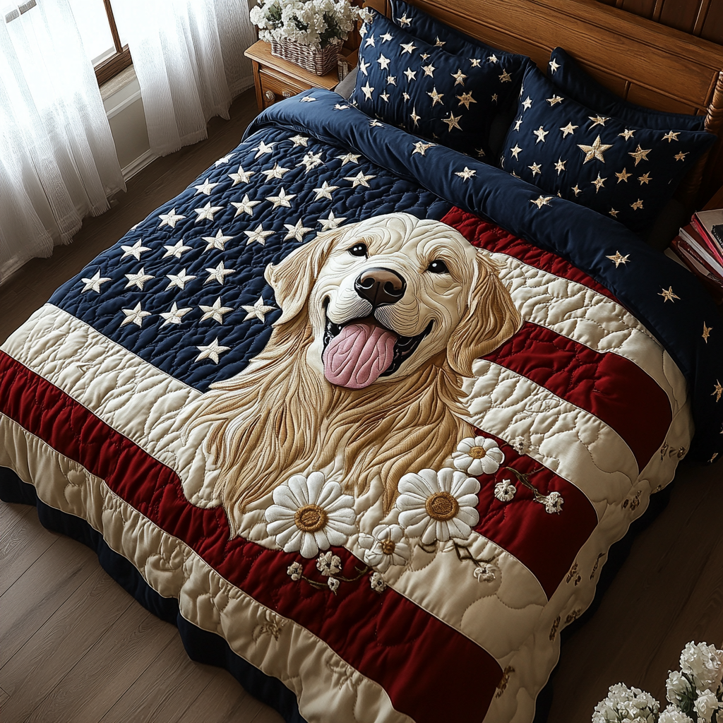 Patriotic Retriever Quilted Bedding Set Duvet Cover Bed Sheet Set Presents For Golden Retriever Owners