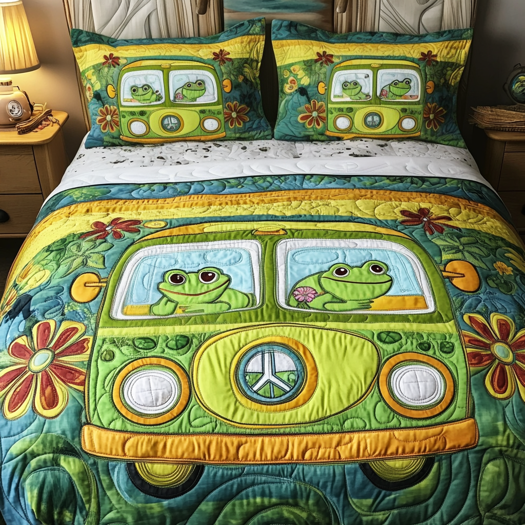 Peace Ride Quilted Bedding Set Duvet Cover Bed Sheet Set Frog Unique Gifts For Hippies Peace Ride Quilted Bedding Set Duvet Cover Bed Sheet Set Frog Unique Gifts For Hippies