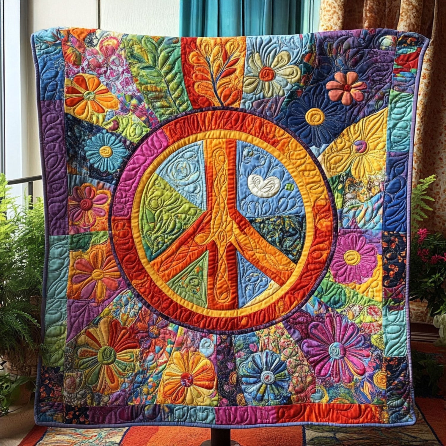 Peaceful Blossom Quilted Blanket Cute Colorful Blanket Gifts For Hippie Friends Peaceful Blossom Quilted Blanket Cute Colorful Blanket Gifts For Hippie Friends