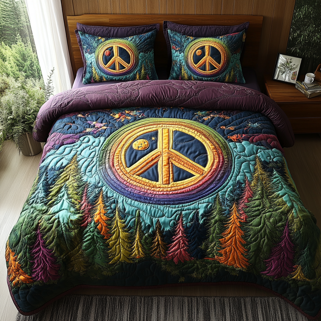 Peaceful Forest Vibes Quilted Bedding Set Duvet Cover Bed Sheet Set Peace Sign Hippie Gift Peaceful Forest Vibes Quilted Bedding Set Duvet Cover Bed Sheet Set Peace Sign Hippie Gift