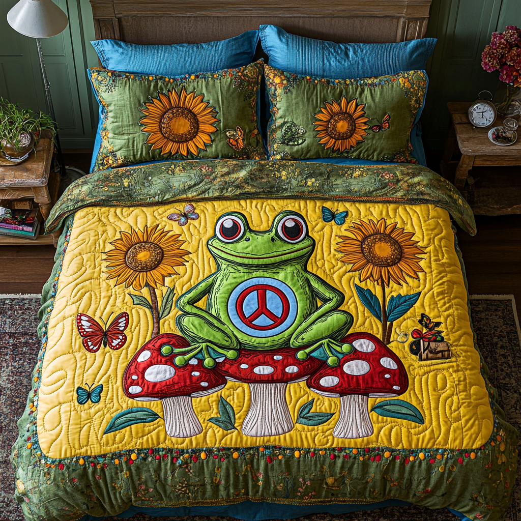 Peaceful Frog Quilted Bedding Set Duvet Cover Bedspreads Gifts For Hippie Dad Peaceful Frog Quilted Bedding Set Duvet Cover Bedspreads Gifts For Hippie Dad