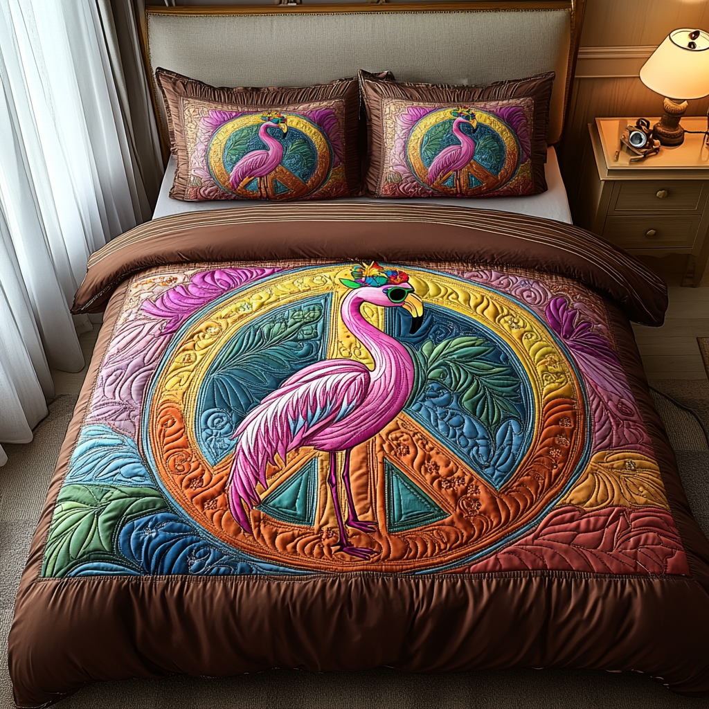 Peaceful Pink Quilted Bedding Set Duvet Cover Bedspreads Flamingo Themed Birthday Presents