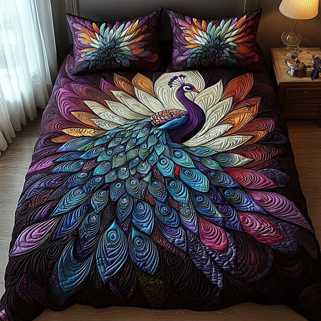 Peacock Night Quilted Bedding Set Duvet Cover Merch Peacock Theme Gifts Items Peacock Night Quilted Bedding Set Duvet Cover Merch Peacock Theme Gifts Items