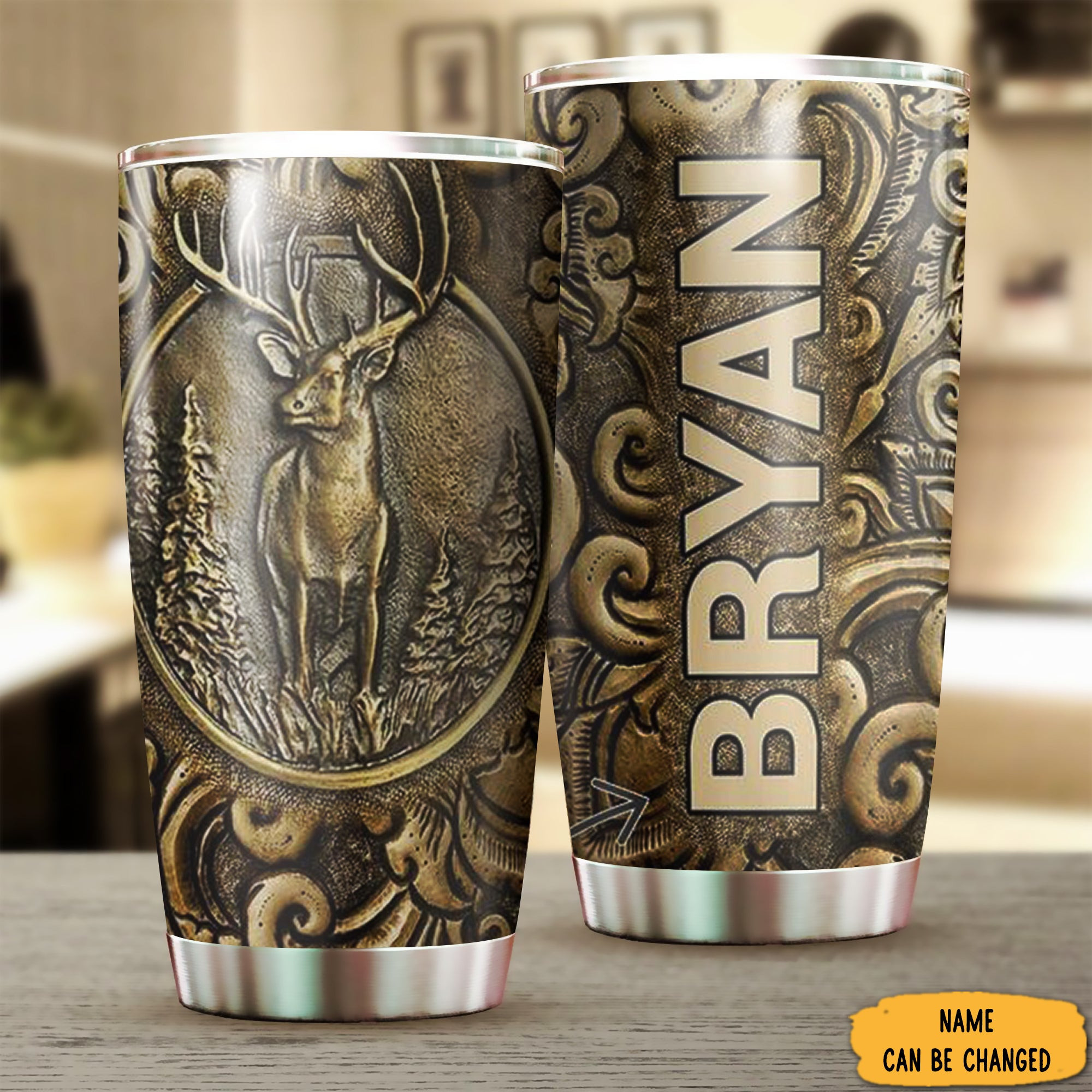 Personalized Deer Bronze Style Print Tumbler Unique Deer Hunter Gifts For Him