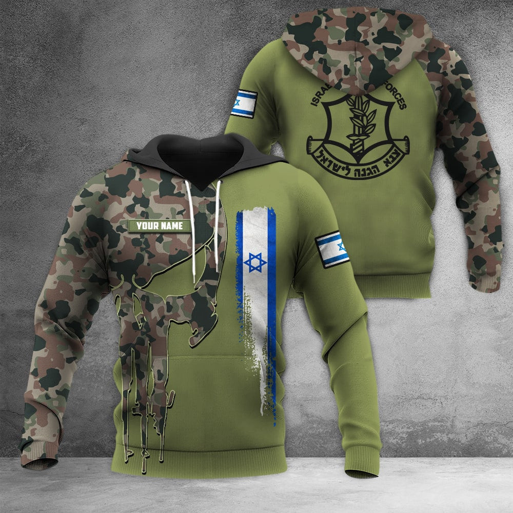 Personalized IDF Hoodie I Stand With Israel Hoodie Camo Flag Skull Hooded Sweatshirt