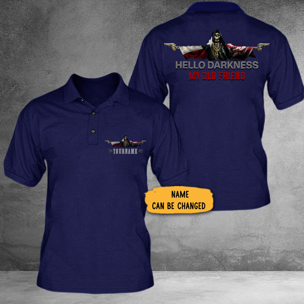 Personalized Texas And American Flag Skull Hello Darkness My Old Friend Polo Shirt Personalized Texas And American Flag Skull Hello Darkness My Old Friend Polo Shirt