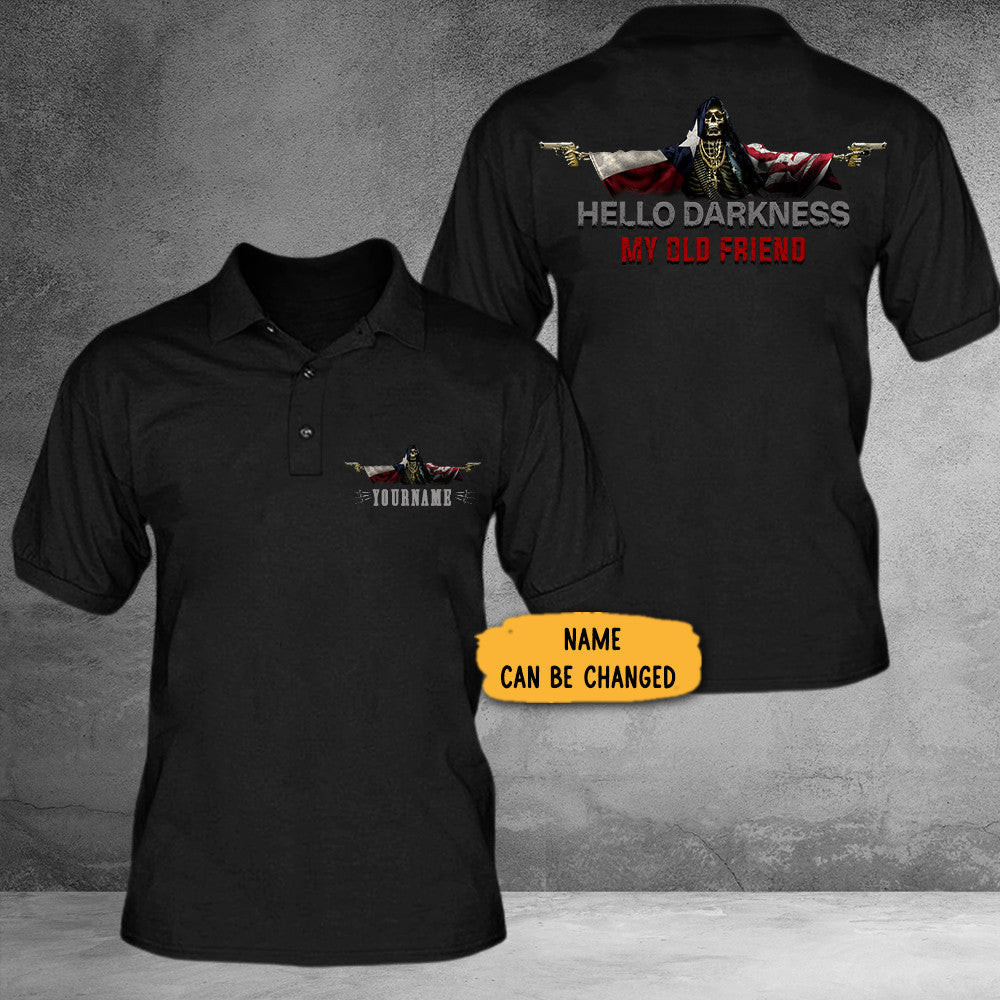 Personalized Texas And American Flag Skull Hello Darkness My Old Friend Polo Shirt Personalized Texas And American Flag Skull Hello Darkness My Old Friend Polo Shirt