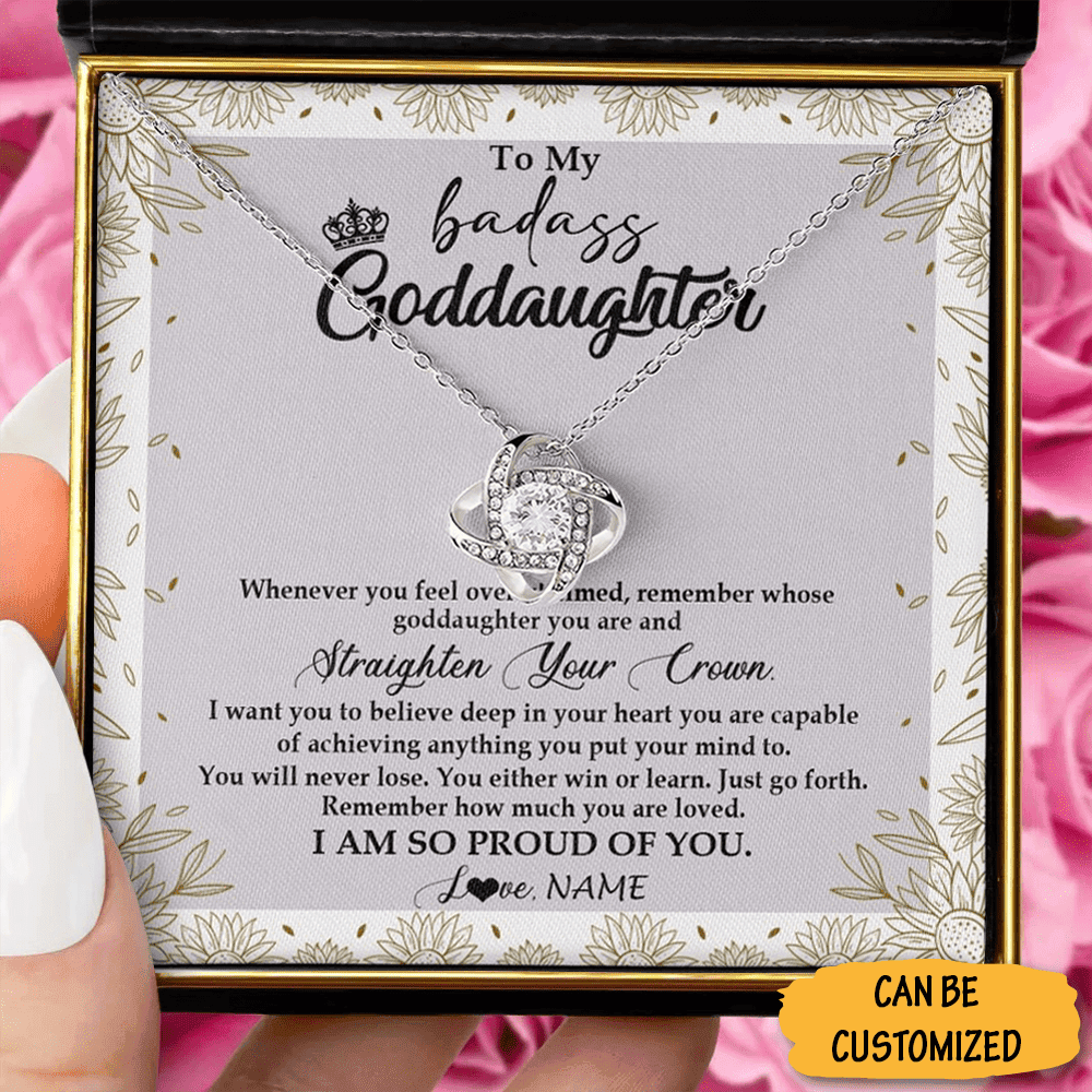 Personalized To My Badass Goddaughter Love Knot Necklace Straighten Your Crown Necklace Love Message Personalized To My Badass Goddaughter Love Knot Necklace Straighten Your Crown Necklace Love Message