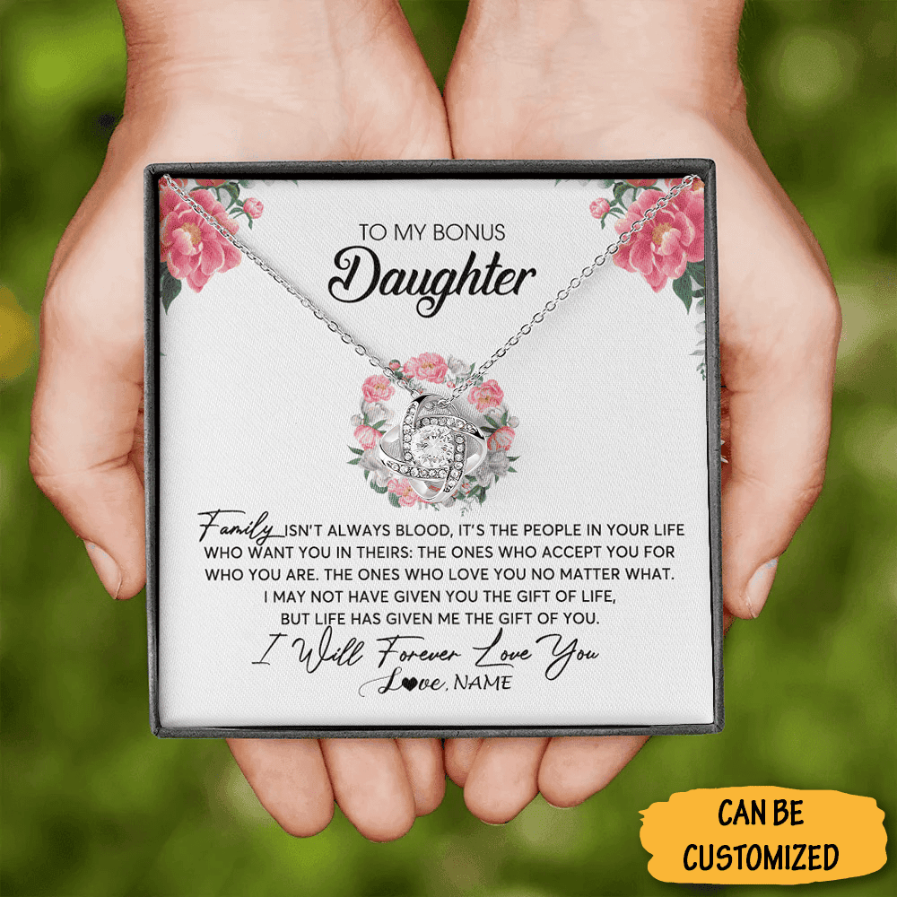 Personalized To My Bonus Daughter Necklace Love From Mom Dad Love Knot Silver Necklace Jewelry Box Personalized To My Bonus Daughter Necklace Love From Mom Dad Love Knot Silver Necklace Jewelry Box
