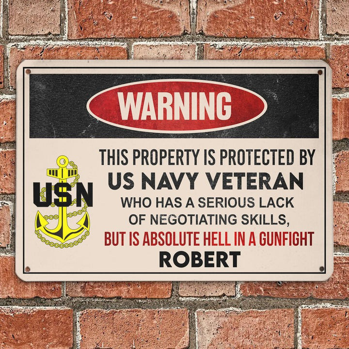 Personalized US Navy Veteran Metal Sign Warning This Property Is Protected By USN Veteran Sign