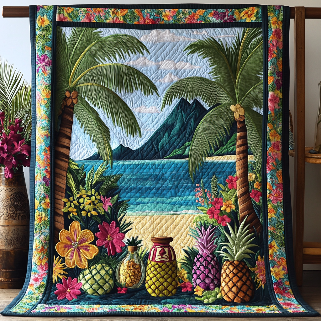 Pineapple Escape Quilted Blanket Cute Colorful Blanket Ocean Themed Gift Pineapple Escape Quilted Blanket Cute Colorful Blanket Ocean Themed Gift