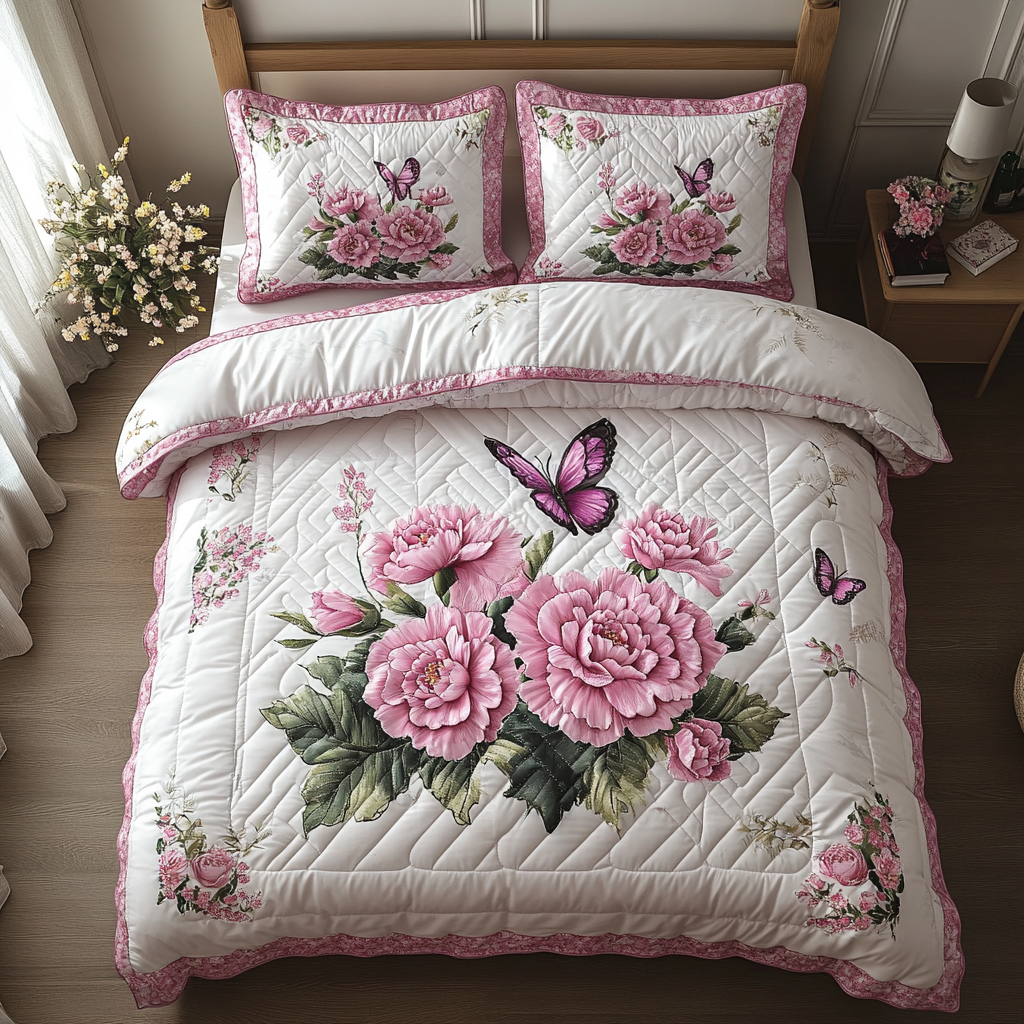 Pink Bliss Quilted Bedding Set Duvet Cover Bedspread Gifts For Flower Enthusiasts Pink Bliss Quilted Bedding Set Duvet Cover Bedspread Gifts For Flower Enthusiasts
