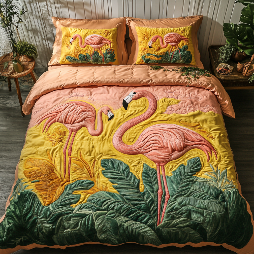 Pink Paradise Quilted Bedding Set Duvet Cover Merch Flamingo Presents