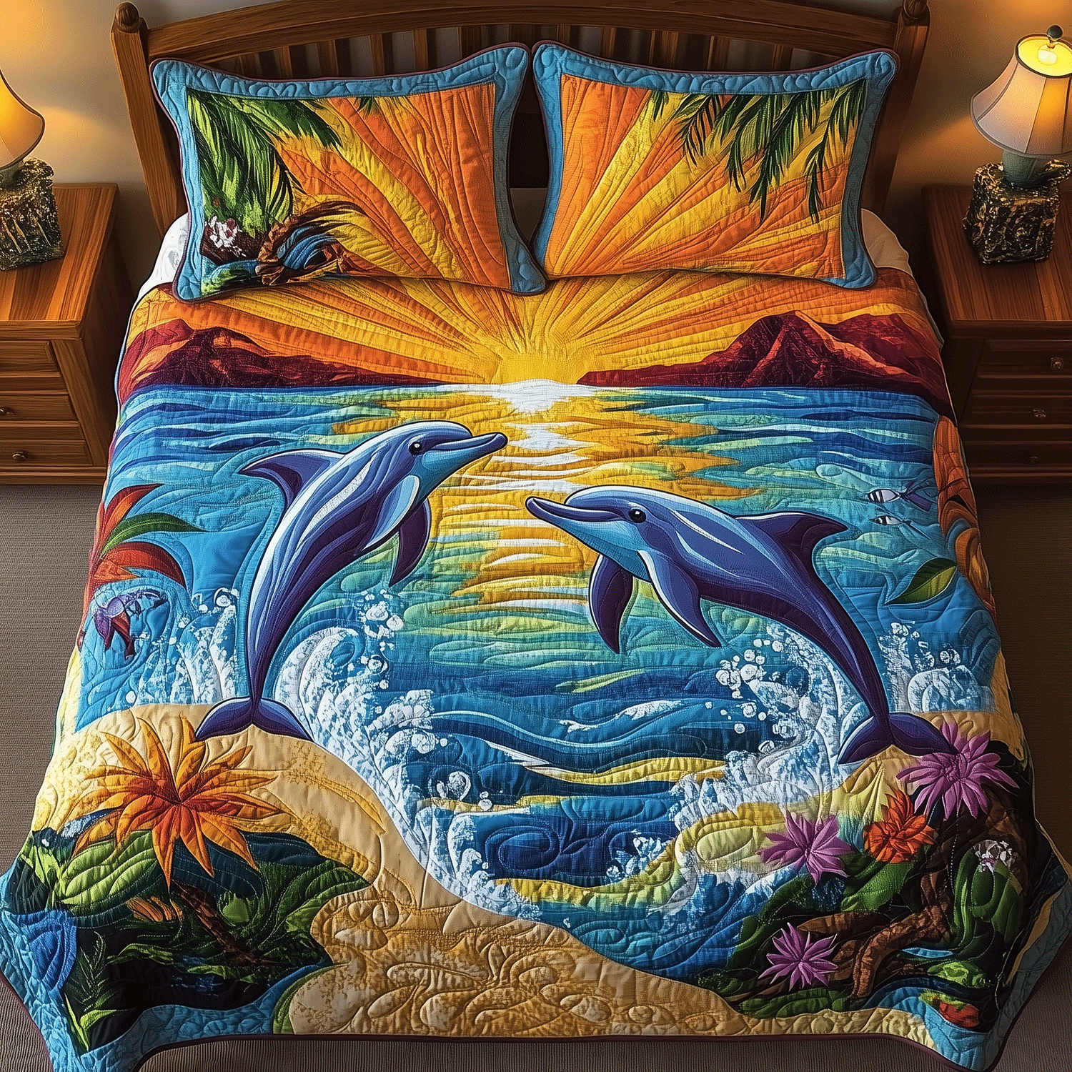 Playful Dolphin Quilted Bedding Set Duvet Cover Bedspread Dolphin Gift Shop