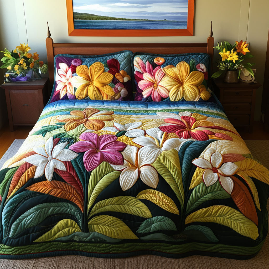 Plumeria Garden Quilted Bedding Set Duvet Cover Bed Sheet Set Gifts For Flower Enthusiasts Plumeria Garden Quilted Bedding Set Duvet Cover Bed Sheet Set Gifts For Flower Enthusiasts