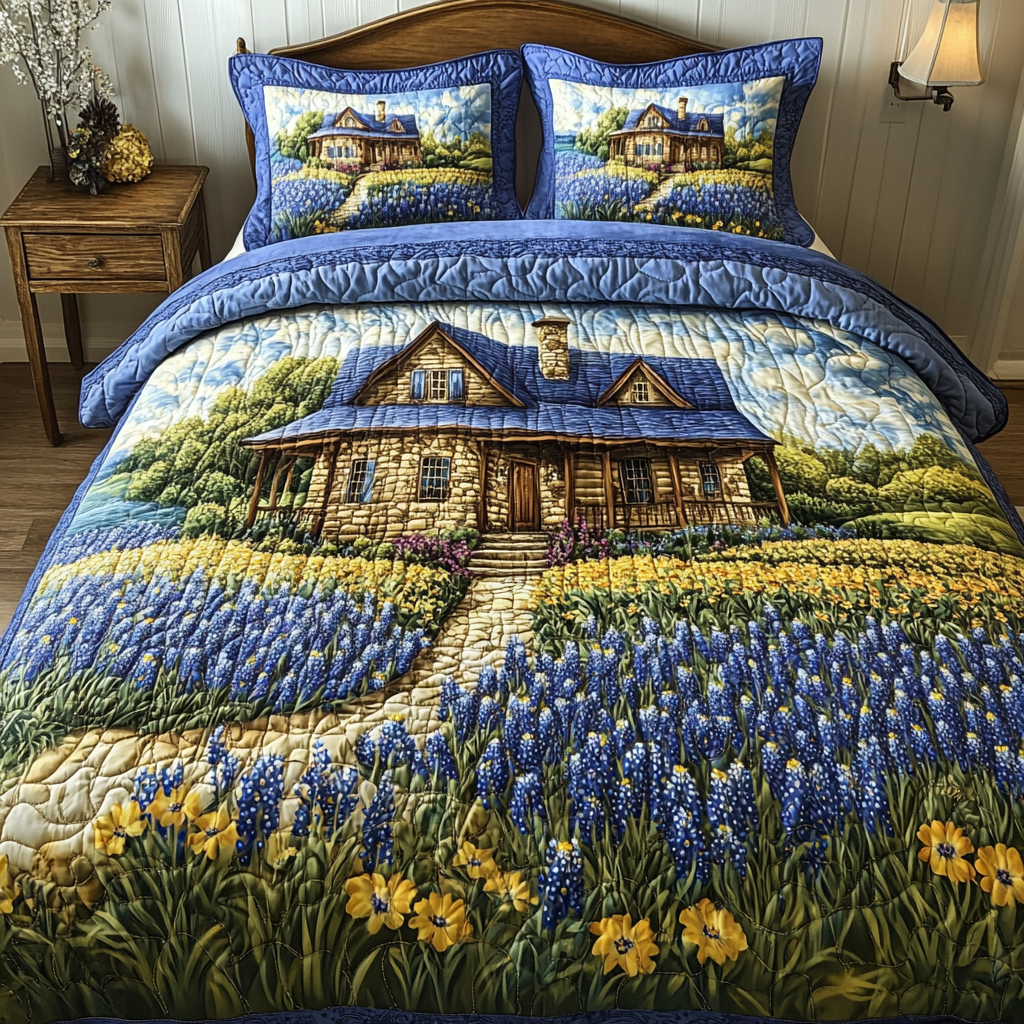 Pure Bluebonnet Quilted Bedding Set Duvet Cover Bedspread Texas Themed Gifts