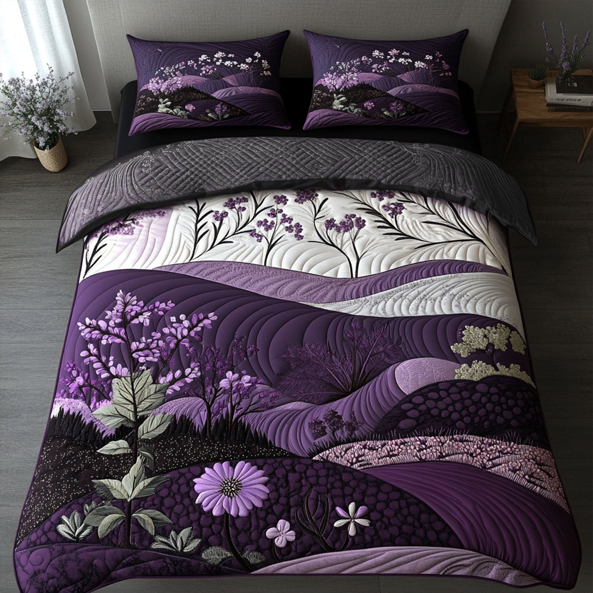 Purple Serenity Quilted Bedding Set Duvet Cover Bedspreads Flower Gifts For Friends Purple Serenity Quilted Bedding Set Duvet Cover Bedspreads Flower Gifts For Friends