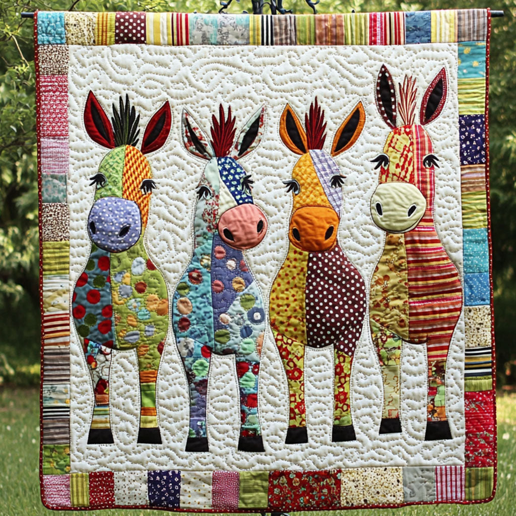 Quirky Quartet Quilted Blanket Cute Colorful Blanket Donkey Gift Items