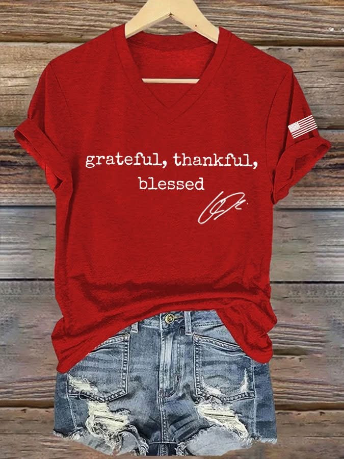 Red Charlie Kirk V-Neck Shirt Grateful Thankful Blessed Shirt Gifts For Trump Supporters Red Charlie Kirk V-Neck Shirt Grateful Thankful Blessed Shirt Gifts For Trump Supporters