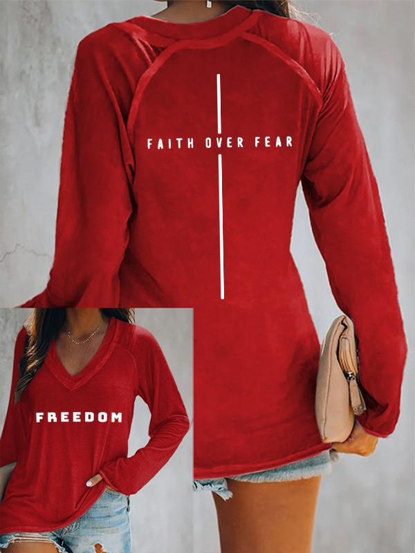 Red Freedom Charlie Kirk V-Neck Long Sleeve Shirt Faith Over Fear Shirt Patriotic Gifts Red Freedom Charlie Kirk V-Neck Long Sleeve Shirt Faith Over Fear Shirt Patriotic Gifts
