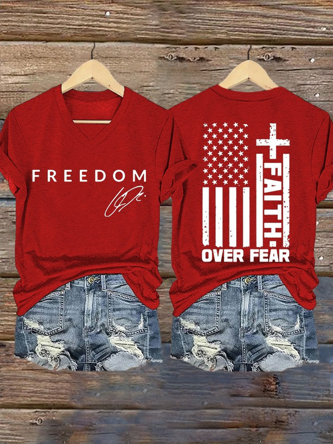 Red Freedom Charlie Kirk V-Neck Shirt Faith Over Fear Shirt Patriotic Gifts For Besties Red Freedom Charlie Kirk V-Neck Shirt Faith Over Fear Shirt Patriotic Gifts For Besties