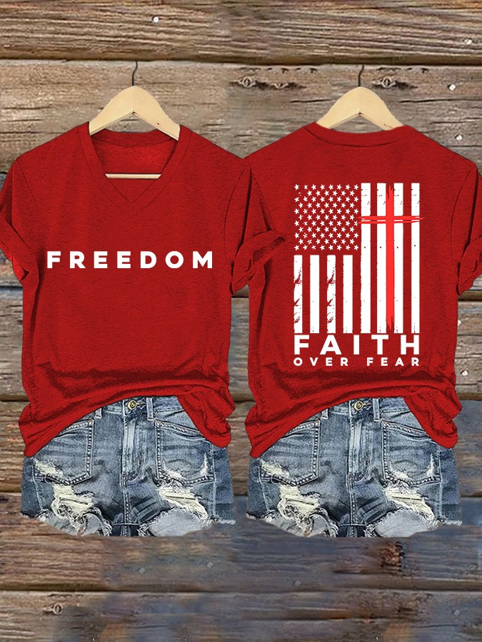 Red Freedom Charlie Kirk V-Neck Shirt Faith Over Fear Shirt Patriotic Gifts For Her Red Freedom Charlie Kirk V-Neck Shirt Faith Over Fear Shirt Patriotic Gifts For Her