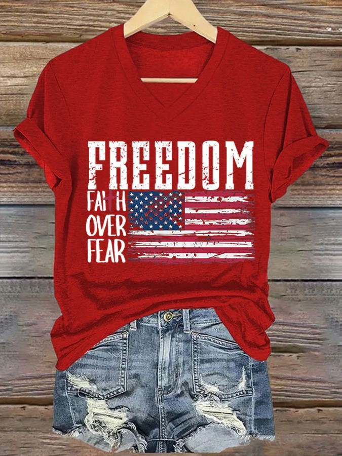 Red Freedom Charlie Kirk V-Neck Shirt Faith Over Fear Shirt Patriotic Gifts For Women Red Freedom Charlie Kirk V-Neck Shirt Faith Over Fear Shirt Patriotic Gifts For Women