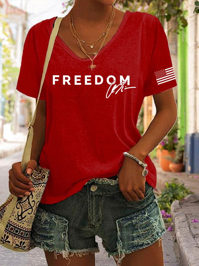 Red Freedom V-Neck Shirt Charlie Kirk Signed Apparel Patriotic Gifts For Women Red Freedom V-Neck Shirt Charlie Kirk Signed Apparel Patriotic Gifts For Women
