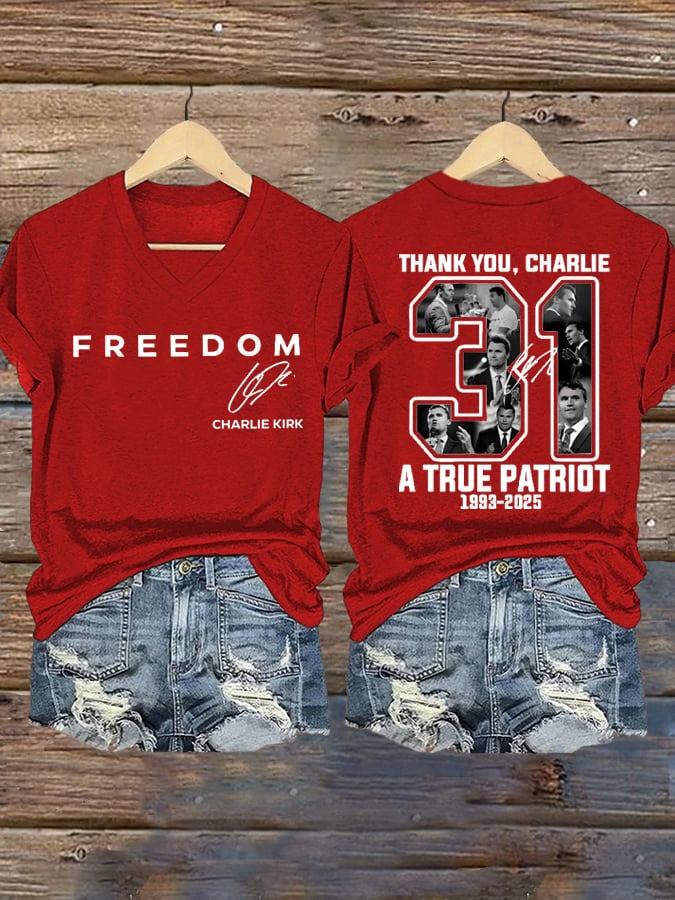 Red Freedom V-neck T-Shirt Charlie Kirk Shirt TPUSA Merch Thank You Charlie 31 Memorial Clothing Red Freedom V-neck T-Shirt Charlie Kirk Shirt TPUSA Merch Thank You Charlie 31 Memorial Clothing