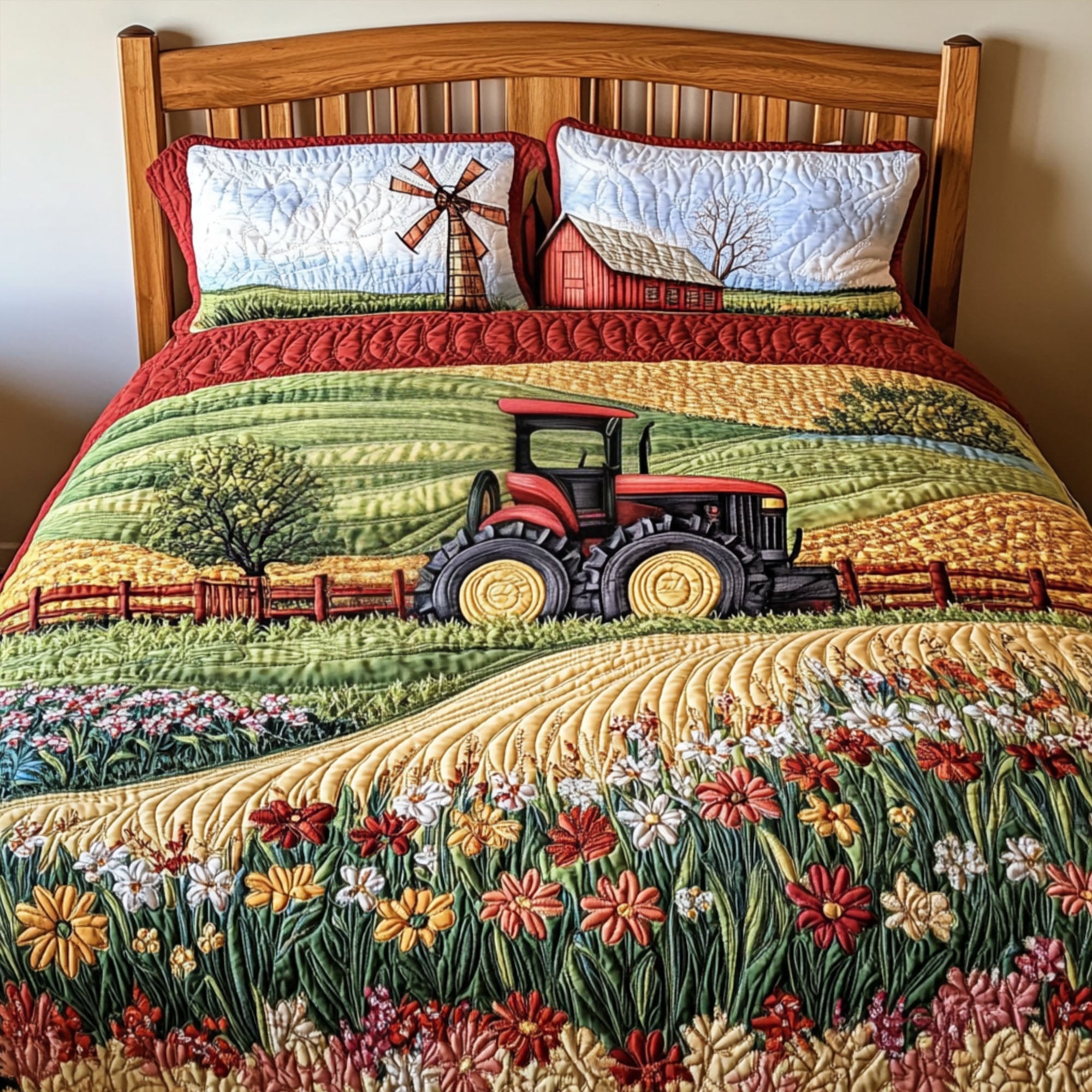Red Tractor Fields Quilted Bedding Set Duvet Cover Bed Sheet Set Tractor Themed Gifts For Adults Red Tractor Fields Quilted Bedding Set Duvet Cover Bed Sheet Set Tractor Themed Gifts For Adults