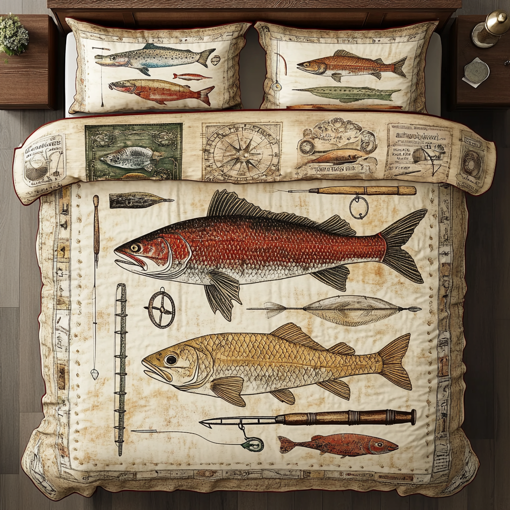 Reel Dreams Quilted Bedding Set Duvet Cover Bedspread Fishing Presents For Him